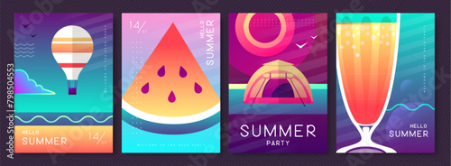 Set of fluorescent summer posters with summer attributes. Cocktail silhouette, tequila sunrise, hot air balloon, watermelon and camp. Vector illustration