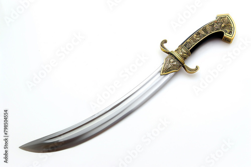 A saber with a curved blade and a polished guard, resting on a pure white background.