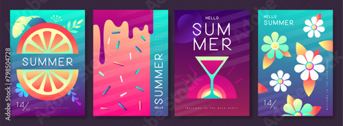Set of fluorescent summer posters with summer attributes. Cocktail cosmopolitan silhouette, chamomile, ice cream, tropic leaves and orange. Vector illustration
