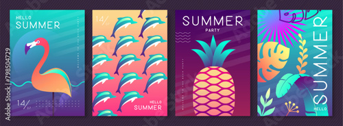 Set of fluorescent summer posters with summer attributes. Flamingo silhouette, dolphins, pineapple, tropic leaves background. Vector illustration