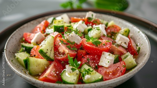 A high-angle view of a simple Greek salad with tomatoes, cucumbers, and feta cheese.