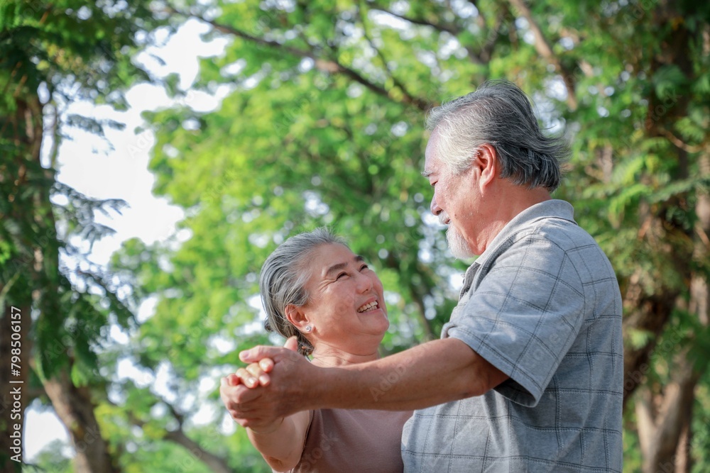 A man and woman are dancing in a park. The man is wearing a gray shirt and the woman is wearing a brown shirt. They are both smiling and enjoying themselves A man and woman are dancing in a park. The man is wearing a gray shirt and the woman is wearing a brown shirt. They are both smiling and enjoying themselves