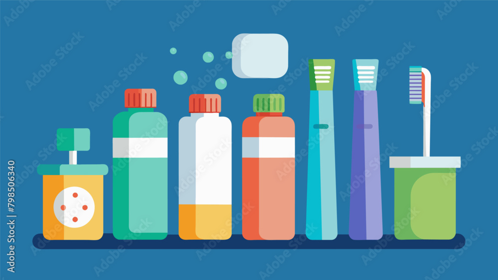 A neatly arranged row of recycled plastic toothbrushes alongside refillable floss containers and organic toothpaste tablets promoting a wastefree oral. A neatly arranged row of recycled plastic toothbrushes alongside refillable floss containers and organic toothpaste tablets promoting a wastefree oral.