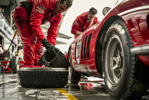 mechanic changing tires, racing car  © Patthamaporn