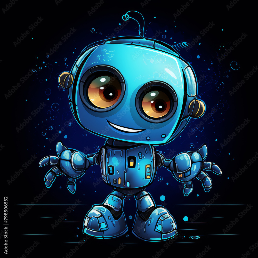 Cute Blue Robot Character on Dark Background

