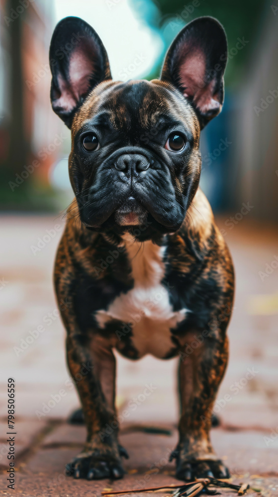 Fototapeta premium Brindle French Bulldog Standing on a Cobbled Street