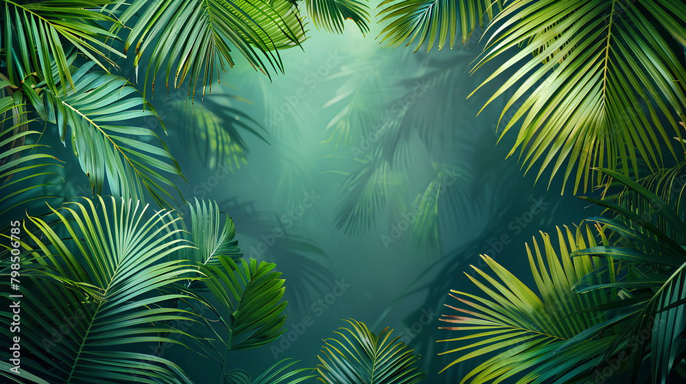 Tropical palm leaves frame a dark green background with copy space for your design, a 3D rendering, a detailed illustration, a high resolution, professional photograph.