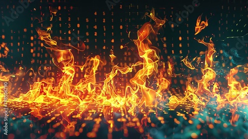 Visualization of data burning in digital flames, representing data deletion or cybersecurity breaches