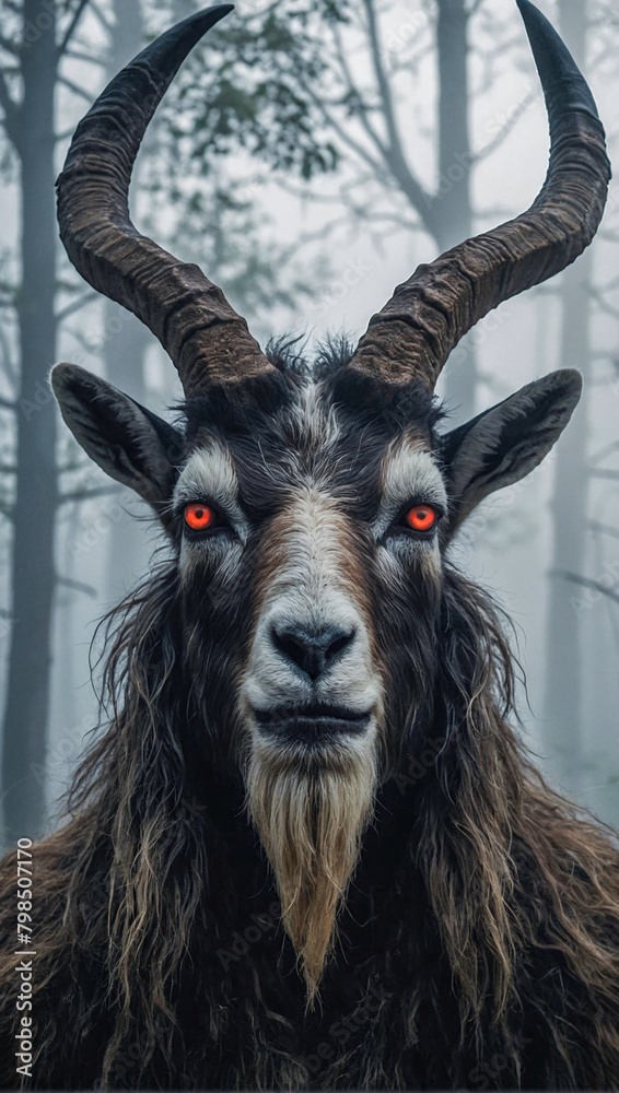 goatman stands in the mist of an unsettling forest with eerie frightening eyes glowing red