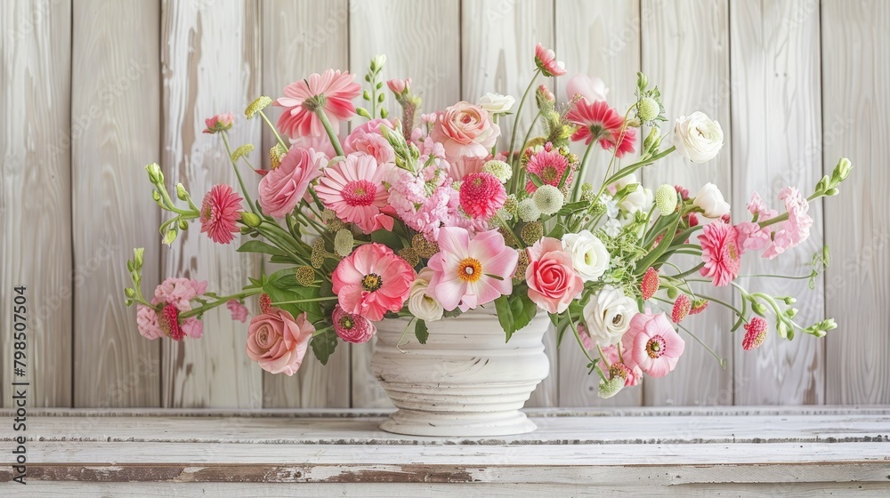 Celebrate Valentine s Mother s or Women s Day with a stunning flower arrangement featuring pink blooms set against a rustic white wooden backdrop in a charming still life display Celebrate Valentine s Mother s or Women s Day with a stunning flower arrangement featuring pink blooms set against a rustic white wooden backdrop in a charming still life display
