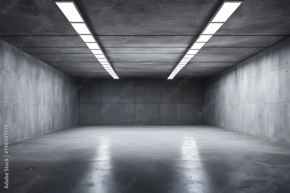 Empty underground garage with blank space and gray walls into modern minimalist environment 3d, revealing empty rooms and dust-covered floors