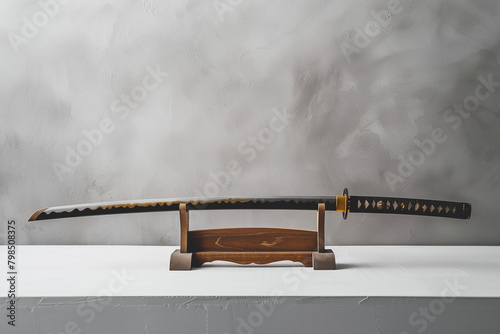 A samurai sword with a lacquered scabbard, standing on a white surface. photo