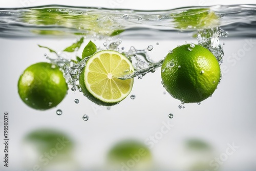 'limes falling water splash isolated white background lime splashing breakfast bright citrous colours cut design diet drink dripped droplet eating element expression flowing food fruit health healthy' photo
