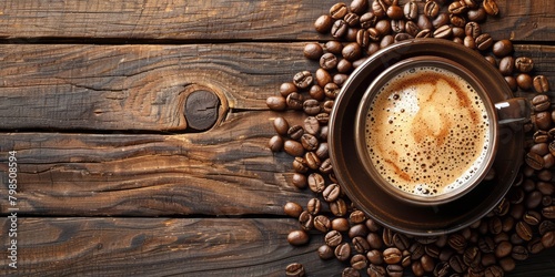 Coffee Cup On Wooden Table With Coffee Beans  photo