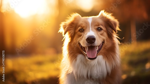 A close-up of a smiling dog with a shiny coat, against a blurred natural background, offering extensive copy space for veterinary clinics or pet health insurance promotions. photo