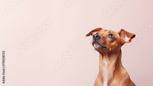 A cute dog gazing upwards  captured against a plain  light-colored background with significant copy space  suitable for pet adoption campaigns or educational pet care materials.