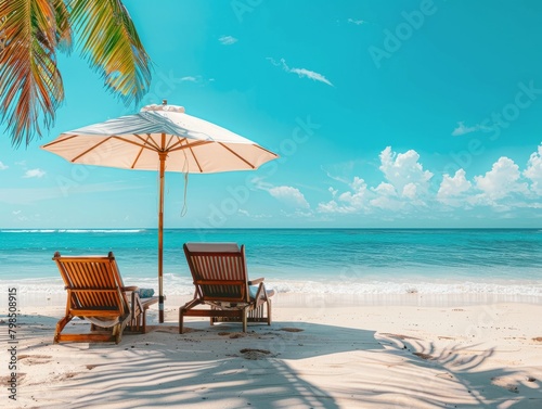 Two beach chairs under an umbrella on a sandy beach  with a turquoise ocean and palm trees in the background. Perfect for summer vacation and relaxation 