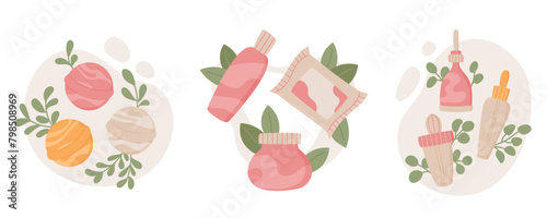 Eco cleansing cosmetic cream bottle, flat antiaging beauty product set, colorful minimal skin care oil tube, isolated moisturizing hygiene pack collection, vector illustration.