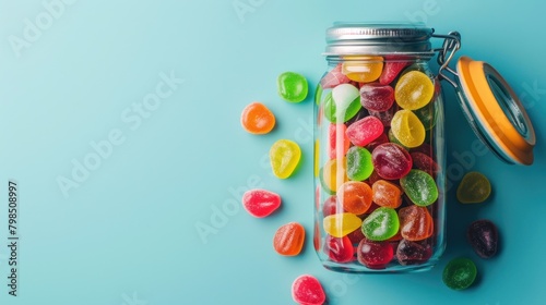 Jelly candies in a jar and scattered on an AI generated blue background photo