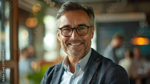 Portrait of cheerful businessman executive in semi-formal clothes and trendy glasses indoors with blurred office background