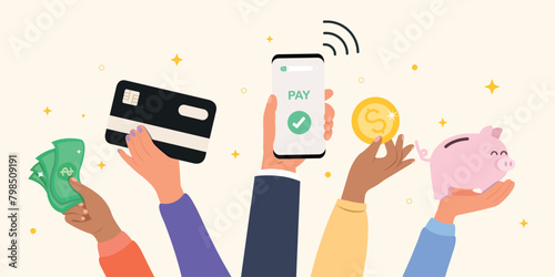 Payment methods, Online payment and transfer money. Save money and income. Hand holding mobile phone for payment, hand holding money. 