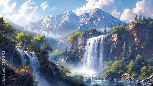 Illustrate a breathtaking scene of a waterfall cascading down rugged cliffs, enveloped in a soft mist that hints at the harmony between natures power and tranquility in impressionistic tones © Dinopic 3Ds