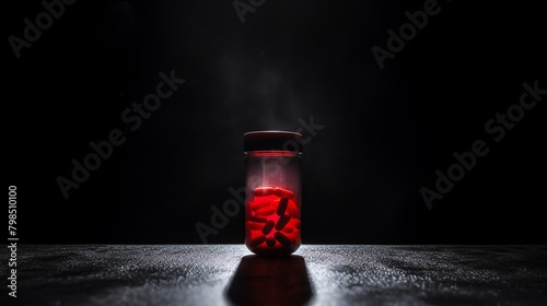 A dramatic scene of a single drug capsule highlighted under a spotlight against a dark, moody background, emphasizing the power of medication. photo