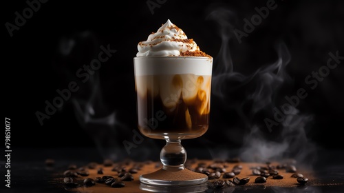 A photo of an Irish coffee in a glass with whipped cream on top against a dark background