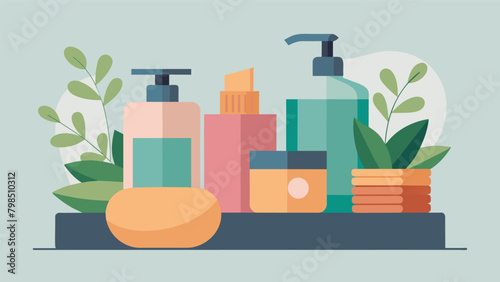 A minimalist bathroom with ecofriendly ries stored in refillable containers.