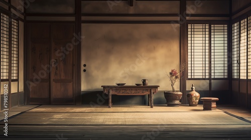 interior of a traditional japanese house with a table and a vase on it photo