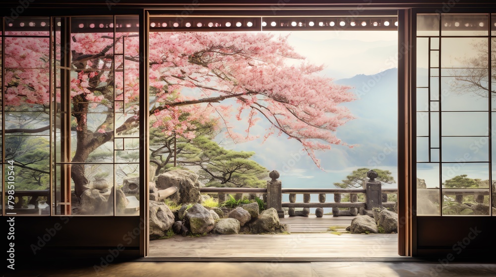 Fototapeta premium A photo of a cherry blossom tree in a Japanese garden.