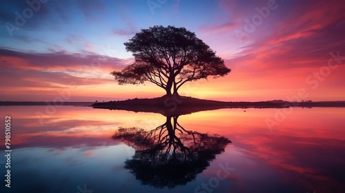 A large tree stands alone in a field. The sky is a vibrant orange and pink  and the water is calm and still.