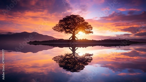 A large tree stands alone in a field. The sky is a vibrant orange and pink. The tree is reflected in the still water below. The scene is peaceful and serene.