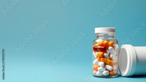 A close-up image of a prescription bottle filled with pills and capsules. The bottle is white and has a white cap. The pills are red, orange, and white. The background is blue. photo