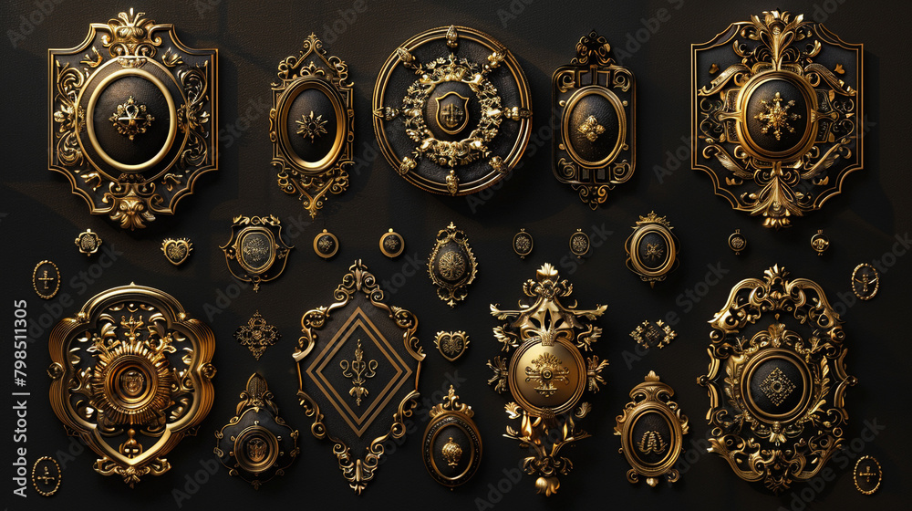 Luxurious design featuring a collection of ornate golden badges set against a rich black background.