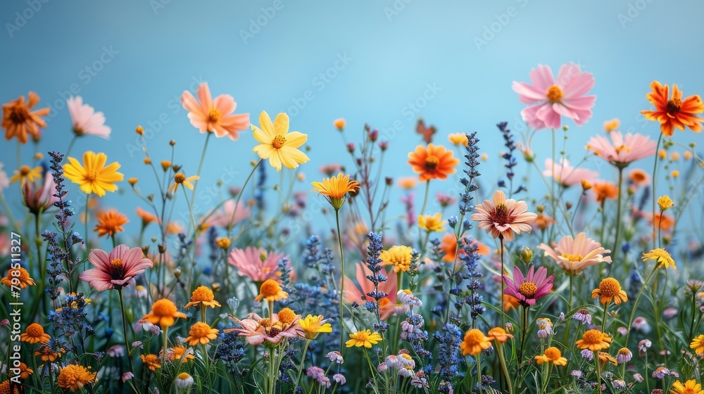 A colorful field of various wildflowers in full bloom against a bright blue sky, conveying freshness and natural beauty.