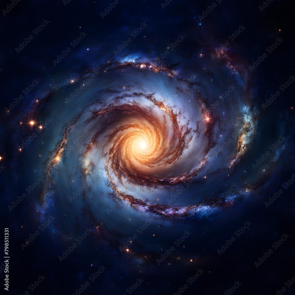 Draufsicht auf eine junge reguläre Spiralgalaxie. Der zentrale Kern (Bulge) ist noch klein. Es gibt noch viele Arme. (Künstlerische Darstellung.) - obrazy, fototapety, plakaty 