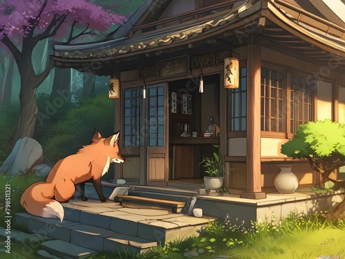 A small, cozy teahouse run by a wise old fox spirit, nestled at the edge of an ancient village, generative AI