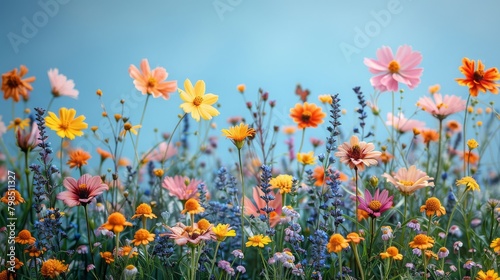 A colorful field of various wildflowers in full bloom against a bright blue sky  conveying freshness and natural beauty.