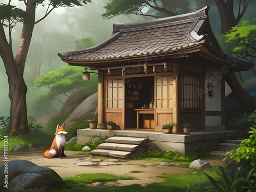 A small, cozy teahouse run by a wise old fox spirit, nestled at the edge of an ancient village, generative AI