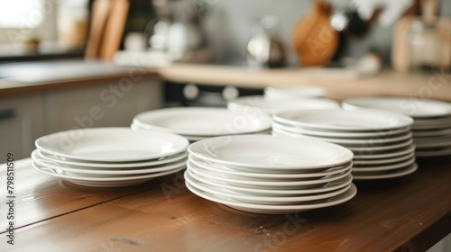 Ceramic plates without food on the kitchen table Setting for menu or recipe backdrop