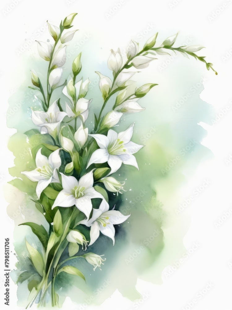 Watercolor clip art with  bouquet of white  bell flowers on light background with copy space for greeting card