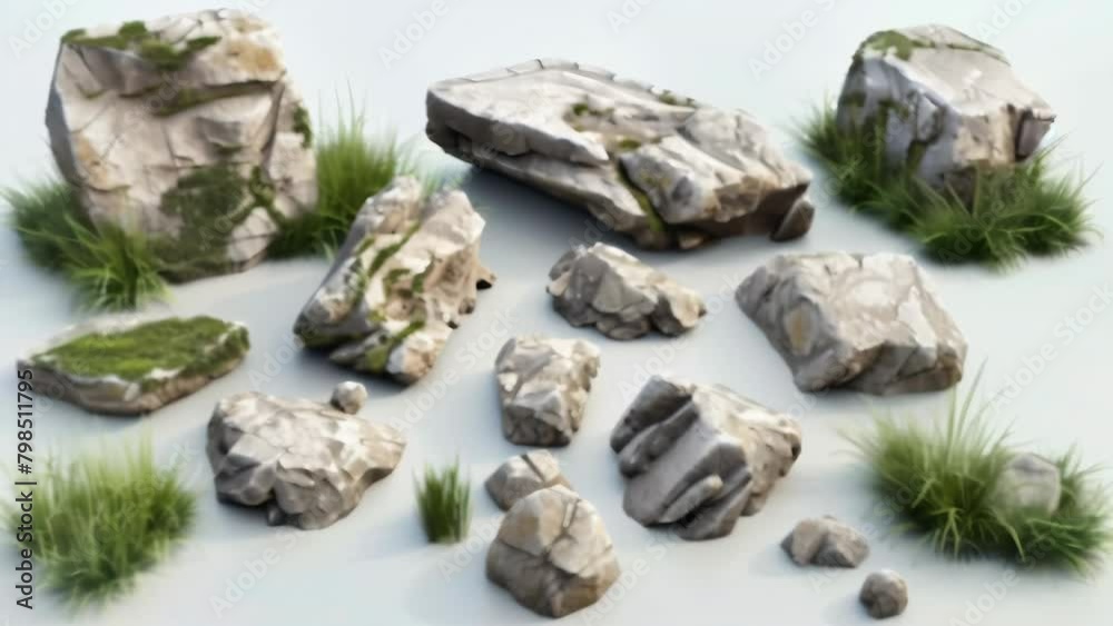 Collection of 3D-rendered rock and grass formations in varying sizes and shapes. Versatile elements for creating realistic natural landscapes in design projects. Collection of 3D-rendered rock and grass formations in varying sizes and shapes. Versatile elements for creating realistic natural landscapes in design projects.