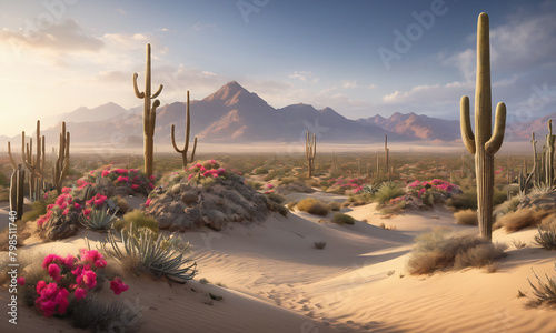 Scenery. Desert. Beautiful landscape with dunes, mountains in the distance, cacti and flowers. Background, wallpaper for computer, tablet.