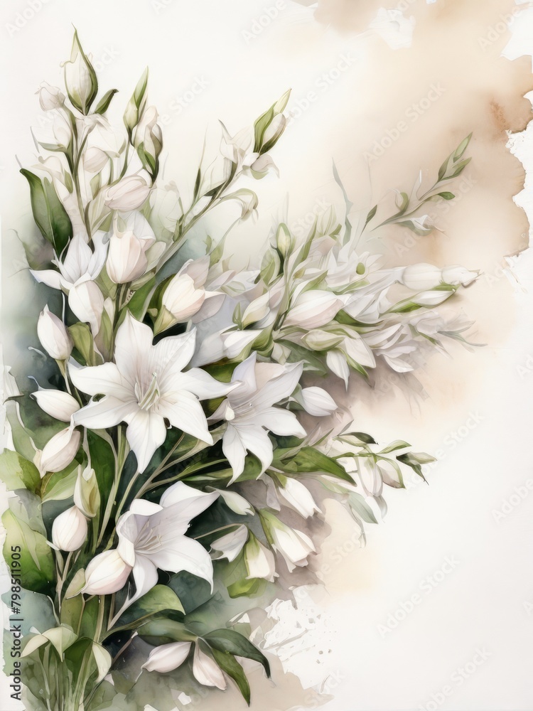 Watercolor clip art with bouquet of white bell flowers on light background with copy space for greeting card Watercolor clip art with bouquet of white bell flowers on light background with copy space for greeting card
