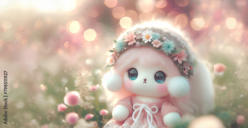 Obraz premium Baby cute fluffy doll flower and bokeh background, content space