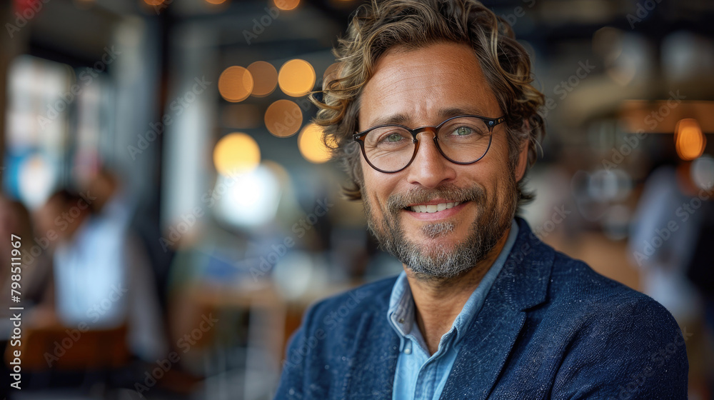 Fototapeta premium Friendly male businessman in casual blue blazer and glasses smiling friendly in modern office space with blurry background