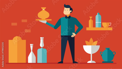 A man stands in front of a still life his hands gesturing as he enthusiastically describes the symbolism behind each object in the composition.. Vector illustration