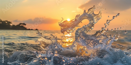 In the rays of dawn early in the morning on the sea, a splash of waves formed a marvelous Chinese dragon photo