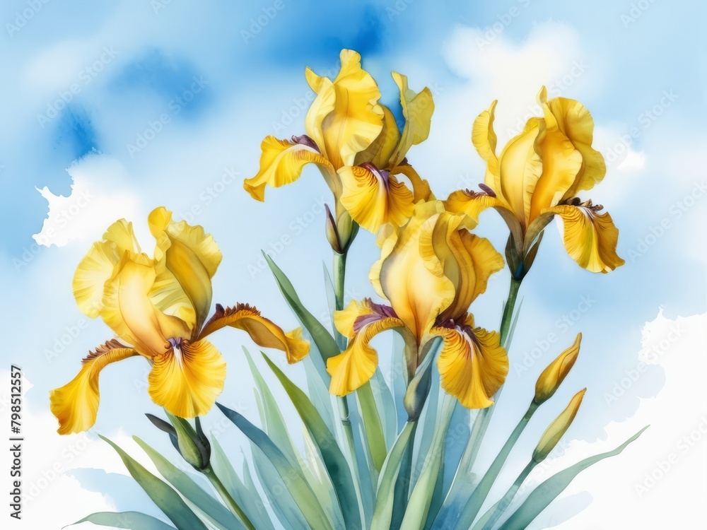 Fototapeta premium Bouquet of yellow irises on the sky blue background. Watercolor painting, illustration, clip art